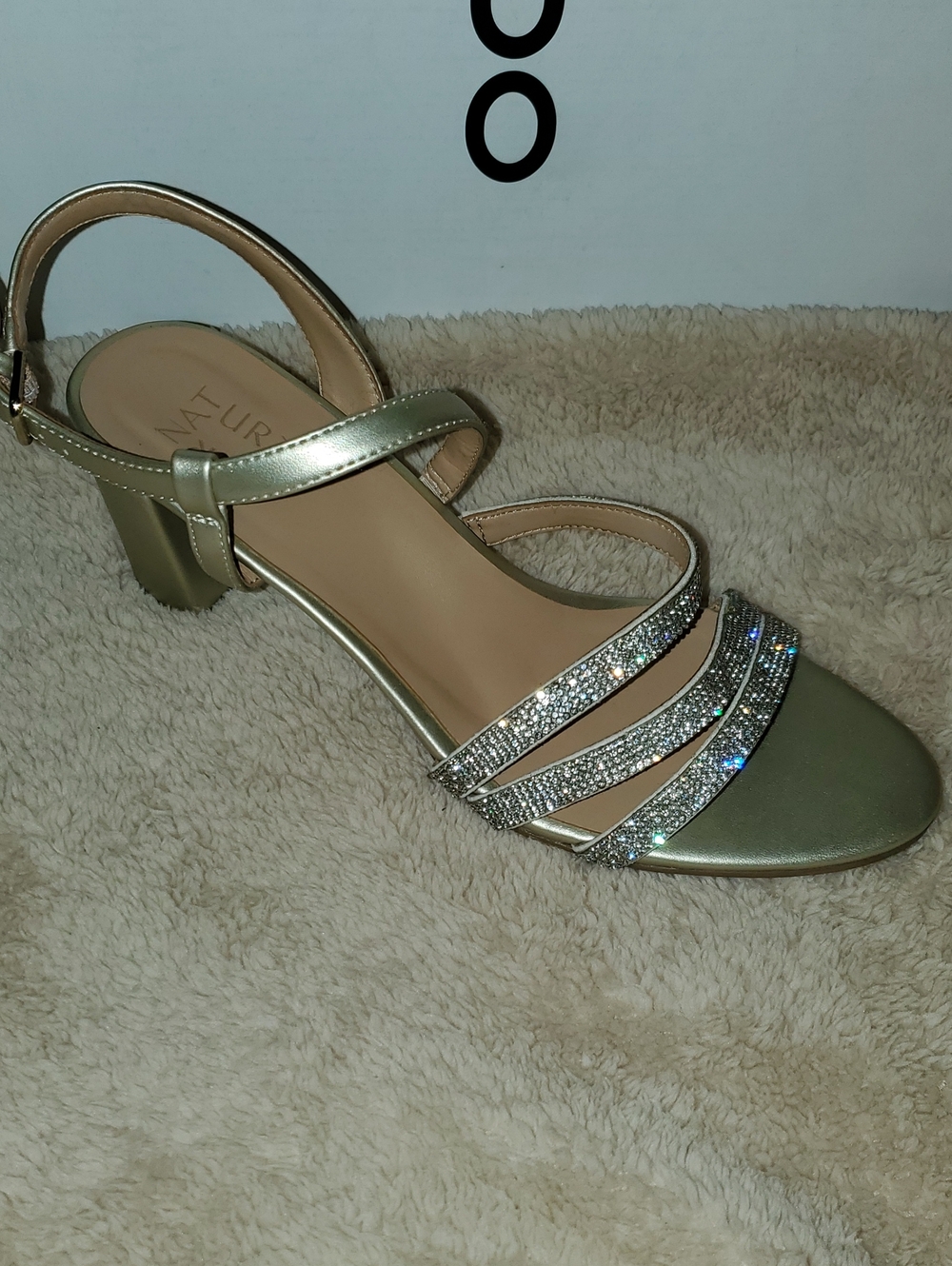 Naturalizer Metallic Gold Crystal-Embellished Low Block Heel Sandal